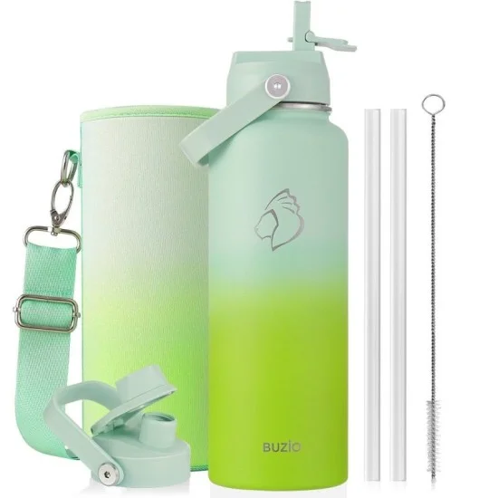 Buzio Duet Series Water Bottle with 2 Lids and Sleeve 1.2L - Gradient Green